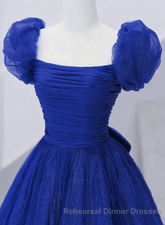 Royal Blue Scoop Tulle Short Sleeves Long Semi Formal Prom Dress, Royal Blue A-Line Party Dress